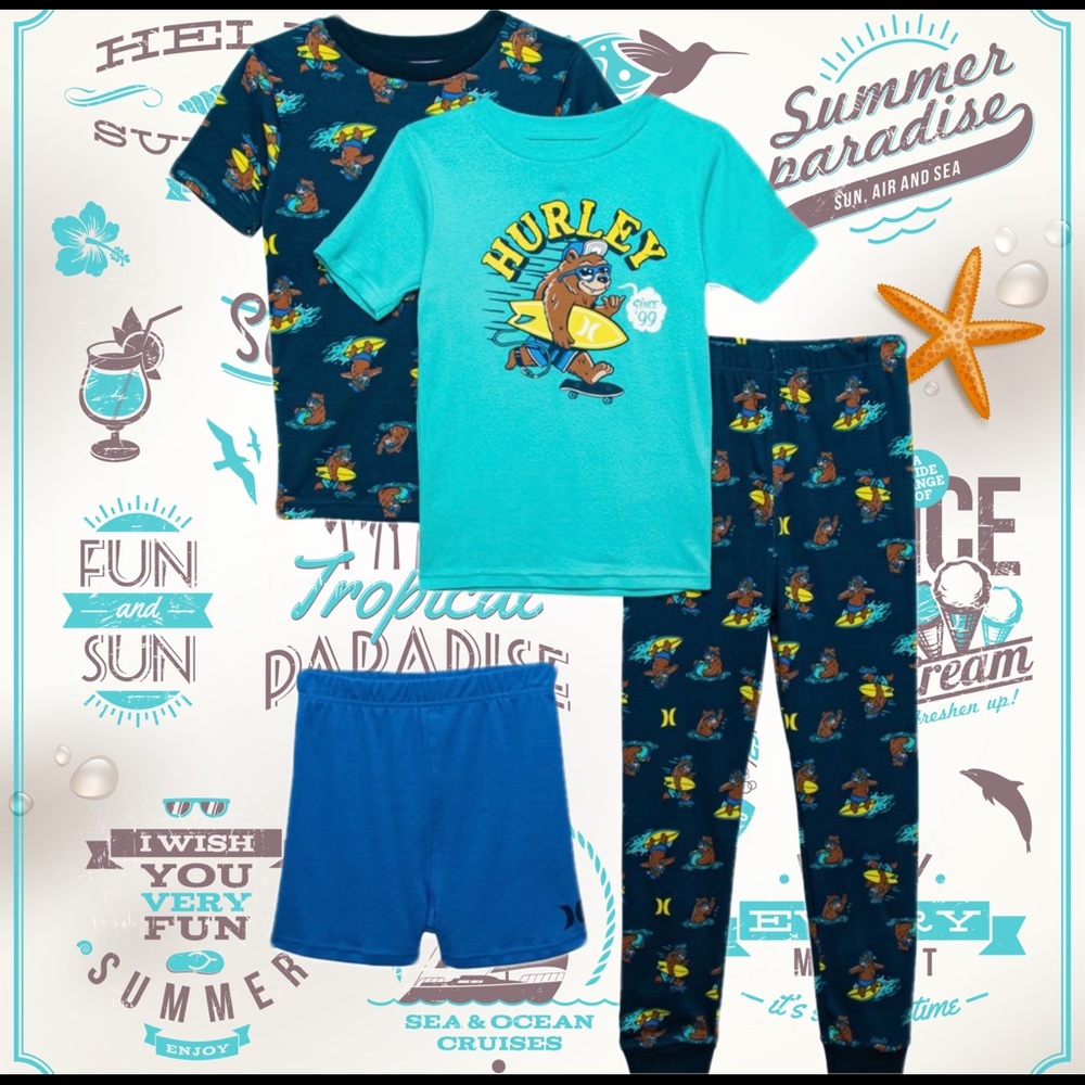 Boys Hurley 4 pc. Pajama Sleepwear Set Surfing Bear